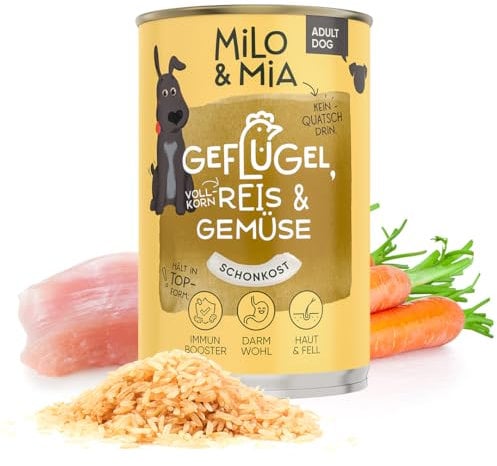 Milo & Mia - Schonkost für Hunde Nassfutter, magenschonendes Hundefutter für Hunde mit Magen-Darm-Problemen, weizenfreies Monoprotein Nassfutter aus frischen Zutaten: Geflügel, Reis & Gemüse (6x400g)