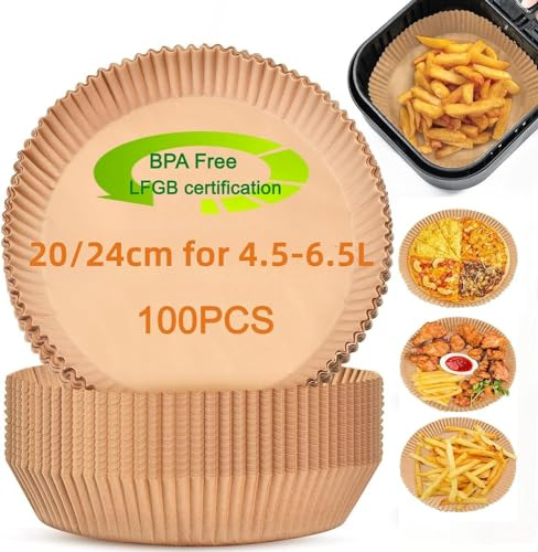 Lyaor 100 Stück 20-24CM Rund Airfryer Backpapier Lebensmittelqualität Heißluftfritteuse Backpapier Wasserdicht Ölfest Antihaft Einmalig Airfryer Baking Paper, für Heißluftfritteuse, Mikrowelle