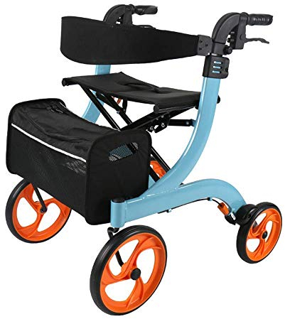 Walker, zusammenklappbarer Rollator für Elektrorollstühle mit Doppelbremsen, Sitz und abnehmbarer Aufbewahrungstasche, höhenverstellbar mit Stockhalter (blau)