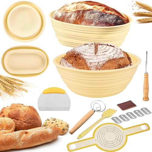 Gärkorb, Gärkörbchen für brot 9 Zoll rund & 10 Zoll oval faltbarer Sauerteig-Backkorb, Komplettset für die Brotherstellung mit essentiellen Werkzeugen, leicht zu reinigen und aufzubewahren (Gelb)