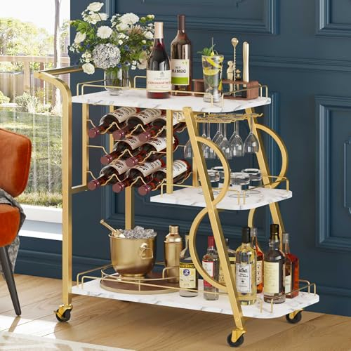 Aubtik Bar Cart, Gold Bar Carts for The Home, Serving Cart with Wine Glass Holder, 3-Tier Drink Carts with Wheels, Rolling Beverage Trolley for Kitchen, Dining, Living Room (Gold & Marbleized White)