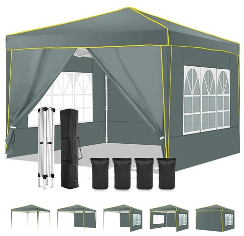 COBIZI Pavillon 3x3m Faltpavillon Wasserdicht Stabil Winterfest Partyzelt Faltbar Pop Up Pavillon mit 4 Seitenwänden und 4 Sandsäcken UV-Schutz 50+ Gartenpavillon für Strand Hochzeit Camping, Grau