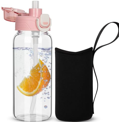 DEARRAY 600ml Glass Water Bottle with Straw & Neoprene Sleeve 0.6l BPA free Glass Drinking Bottle Leakproof
