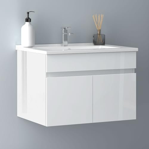 Biubiubath Badezimmer Badmöbel 60cm Dünn Keramik Waschtisch mit Unterschrank Hängeschrank Hochglanz Weiß Badezimmerschränke Badschrank mit 2 Soft-Close Türen