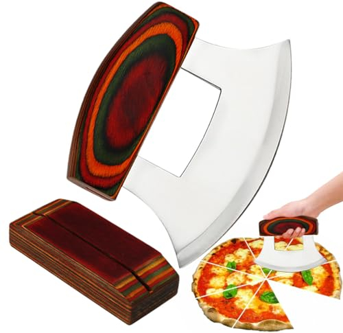Eoixuqba Tagliapizza Mezzaluna, Tagliapizza Alaska - Chef Mezzaluna Ulu Tagliere - Manico antiscivolo in acciaio inox affettatrice per alimenti a bilanciere Ulu con supporto in legno per noci, pizza