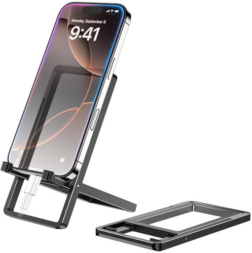 Handyhalter, Halter mit Einstellbarer Höhe, Handy Ständer, Faltbarer Handy Halterung Aluminium für iPhone 16 15 14 13 12 Pro Max Xr Xs X 8, für Galaxy/Huawei/Google und alle Smartphones- Schwarz