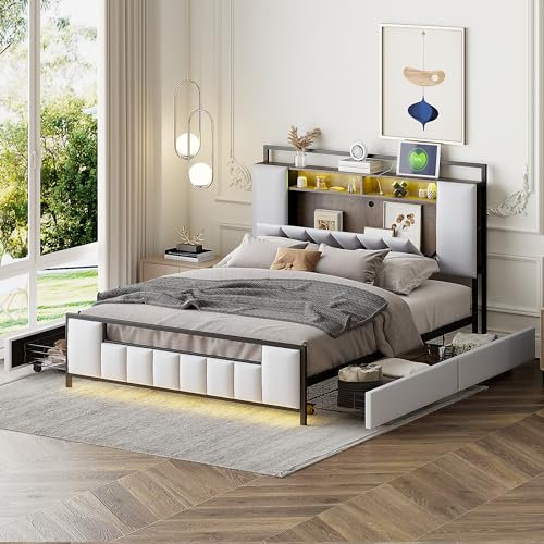 Merax Bett aus Metall, 140 x 200 cm, Bettgestell mit LED-Licht, USB-Stecker, industrielles Einzelbett für Erwachsene, Jugendliche, Kunstleder, Weiß (ohne Matratze)