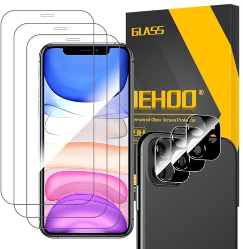JEHOO für iPhone 11 für Panzerglas Schutzfolie, 3 Stück Panzer Schutz Glas und 3 Stück Kameraschutz, Blasenfreie HD Vollständige Abdeckung 9H Härte Glas Rahmen-Installationshilfe