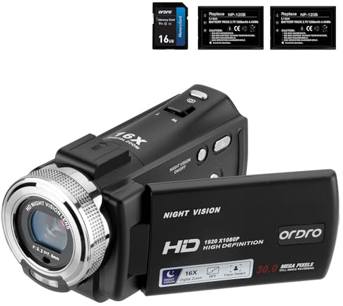ORDRO HDV-V12 - Videocámara Full HD, grabadora digital, 1080P, 30 FPS 30 MP, rotación de 3.0 pulgadas, zoom digital de 16X, visión nocturna infrarroja, color negro (V12 + tarjeta de 16 GB)