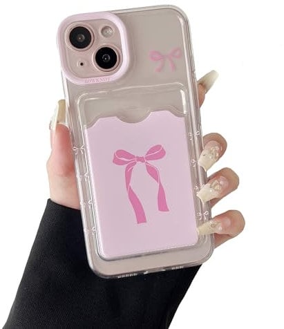 DEFBSC Case for iPhone 13, Transparent Back Card Holder Cute Bowknot Pattern Raised Camera Protection Slim Soft TPU Shockproof Clear Back Card Slot Phone Cover - Pink Bow/Frame