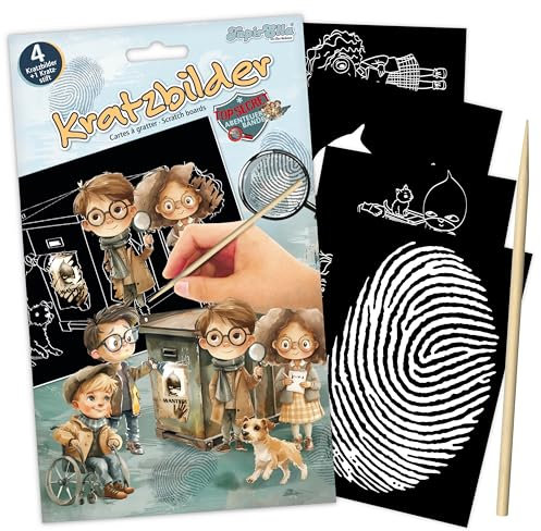 TapirElla Kratzbilder – Kreatives Mal- und Bastelset für Kinder – 4 Motive - Magische Regenbogen-Effekte – DIY Kratzpapier, Holzstift, Kratzblock, Geschenk Idee Lutz Mauder (Detektive - bunt)