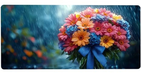 Blume Mousepad XXL Mauspad Groß 1000X500X3MM,Regentropfen Schreibtischunterlage WassXerdicht Anti-Rutsch Mouse Pad mit Vernähte Kanten Spezielle Oberfläche, für Schreibtisch Deko Aesthetic, Geschenke