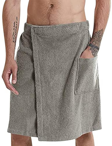 nicticsi Badetücher für Herren Badetuchrock mit Klettverschluss Badetuch Saunaraum Handtuch Flanell Badetuch Rock mit Taschen und Gummizug Ohne Stickerei Duschraum Sauna A Grau M