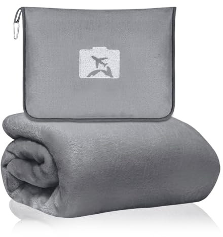 Couverture de voyage ultra légère et chaude – Gadget avion 2 en 1 (155 x 130 cm) – Couverture de voyage pour avion, camping, gadget voiture, bureau et maison