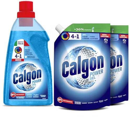 Calgon Power Gel Anticalcare Lavatrice 4 in 1, 1 Confezione da 1500ml e 2 Ricariche da 1200ml, Additivo per Capi Morbidi, per una Protezione da Calcare, Corrosione, Sporco e Cattivi Odori