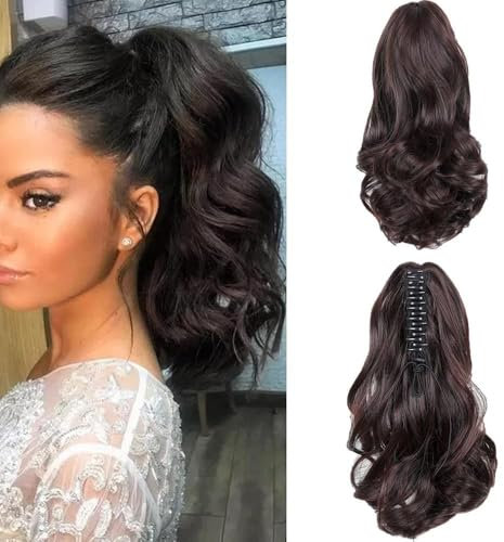 XFSRG Extension Cheveux Clip in Queue de Cheval 12 Pouces Bouclée et Ondulée Extension Synthétique Résistante à la Chaleur pour un Look Volumineux (Brun foncé)