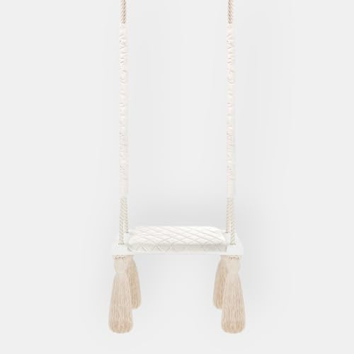 Hollywoodschaukel d'Interrieur Design skandinavisches Design, beige – gepolsterte Sitzfläche aus Samt 60 cm – Baumwollseile mit dekorativen Pompons, für Kinder und Babys, Gestell aus Holz, maximale
