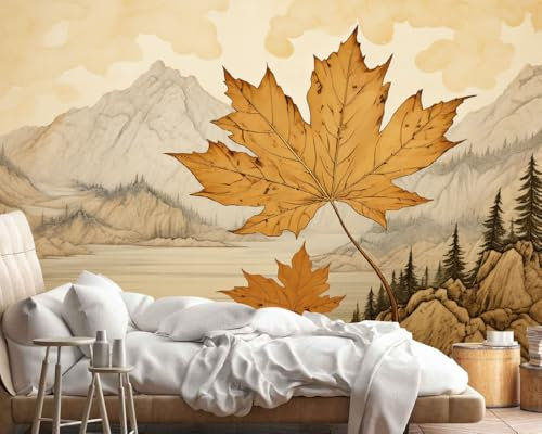 Fototapete Gelbe Ahornblätter 400x280cm，Landschaftsmalerei Wandtapete für Wohnzimmer Schlafzimmer