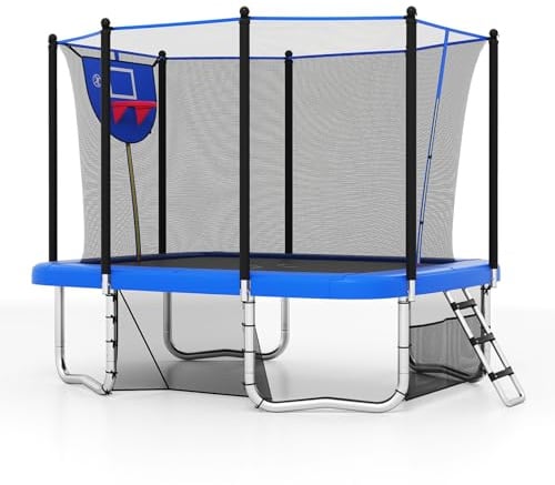 COSTWAY Outdoor Trampoline, 10FT x 8FT Rectangle Trampoline with Basketball Hoop, Soccer Goal, Storage Bag, Safety Enclosure Net and Ladder, Recreational Trampolines for Toddlers & Adults