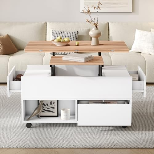 NNJN Couchtisch mit 4 Rollen,multifunktionaler Wohnzimmertisch mit 4 Schubladen, anhebbarer Kaffeetish, höhenverstellbar Sofatisch,Beistelltisch und Esstisch mit Stauraum,100 * 50 * 52cm