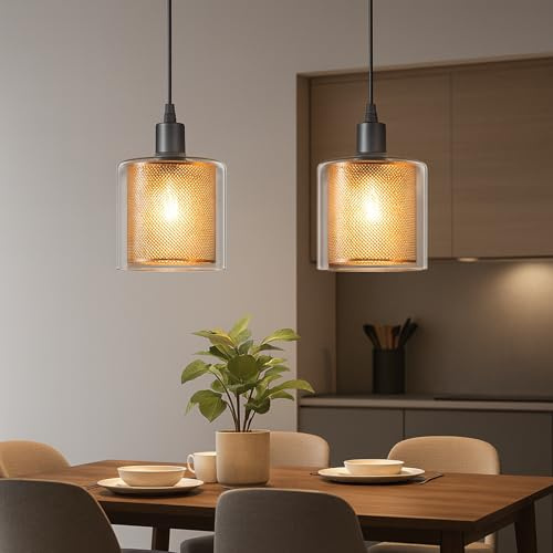 ZMH 2ER Hängelampe Vintage Pendelleuchte Esstisch Hängeleuchte Glas Gold | E14 2M Kabel Metall mit Stecker und Schalter Pendellampe Retro Esstisch Lampe Hängend für Wohnzimmer Küche