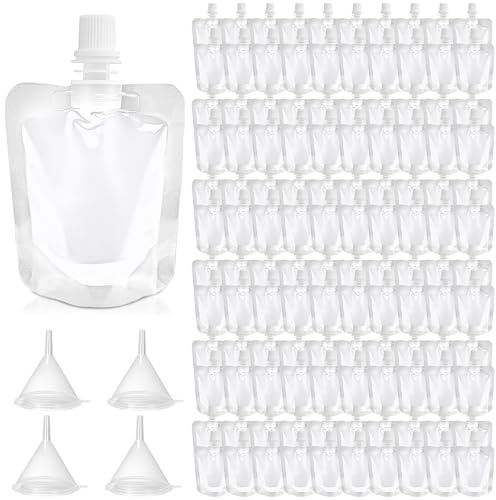 120 Pcs 1.7 oz Plastic Drink Pouches Bulk Clear Juice Bags Plastic Flasks Leak Proof Squeeze Pouches Bags with 4 Funnels for Travel Outdoor Sports Party Favors