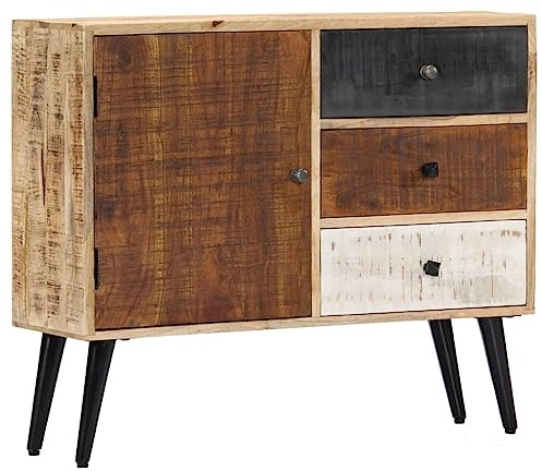 WHOPBXGAD Sideboard with 3 Drawers & 1 Door, Solid Mango Wood TV Stand Console Table for Living Room, Mid-Century Modern Storage Cabinet 88x30x73 cm, Durable Hardwood Entryway Hallway Furniture