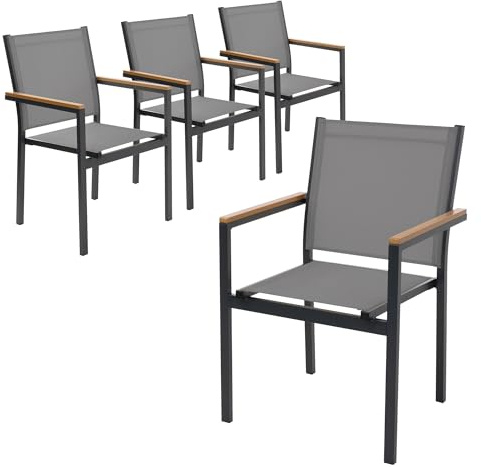 ML-Design Gartenstühle 4er Set mit Armlehnen-Holzoptik, Dunkelgrau, Gartenstuhl aus Textilene, Terrassenstühle mit Aluminiumgestell, Balkonstuhl wetterfest/stapelbar, Sessel für Garten Balkon Terrasse