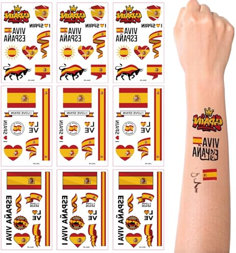 ZEBKEL 9 Hojas Tatuaje de Bandera de España, Tatuajes Temporales de Banderas Nacionales para Copa del Mundo, Viva España Accesorios de Animación para Fans de Fútbol