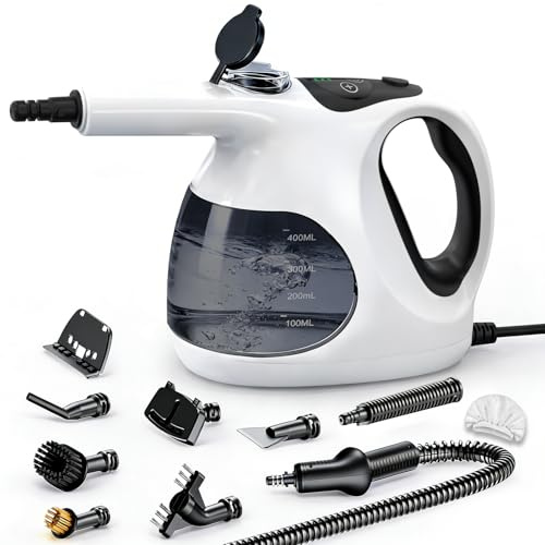 Shiptree Pulitore a Vapore Portatile, Calore Istantaneo 5 Secondi, 400 ml Serbatoio Trasparente, Facile Riempire, Solo 0.92 kg, 10 Accessori, Multiuso Pressurizzato Pulitore Steam Cleaner Casa