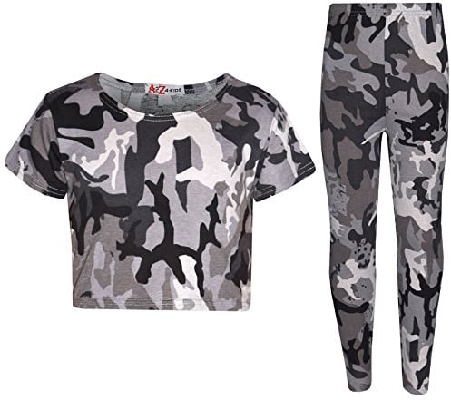 A2Z 4 Kids Girls Camouflage Crop Top Legging Set Trendy Lightweight - A2Z Camo Crop Legging Charcoal 11-12