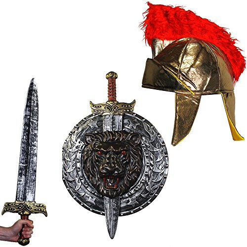 I LOVE FANCY DRESS Gladiatoren RÖMER KÄMPFER KOSTÜME VERKLEIDUNG ZUBEHÖR = FÜR Film FERNSEH Themen Fasching Karneval Krieger Party =SILBERNES Schild UND Schwert + WEICHE Gladiator Kappe