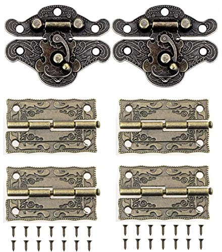 2 Pcs Antique Embossing Hasp Latch Lock Furniture Decorative Cabinet Jewelry Box Latch Lock with 4Pcs Mini Hinge and 28Pcs Screws