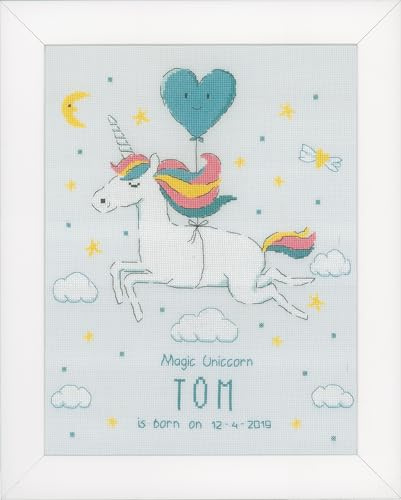 Vervaco Gezählter Kreuzstich Stickpackungen Stickset Baby Geburt Einhorn Wanddekoration Handarbeit Set für Erwachsene Kreatives Handwerk ca. 26 x 33 cm Geburt Geschenk Hausdeko