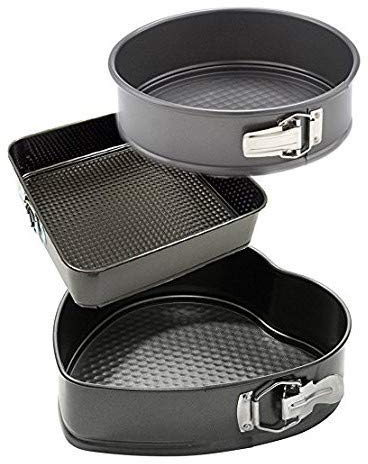 MGE - Set di 3 Teglie a Cerniera - Stampo Apribile con Rivestimento Antiaderente - Quadrato, Cuore e Rotondo - Grigio