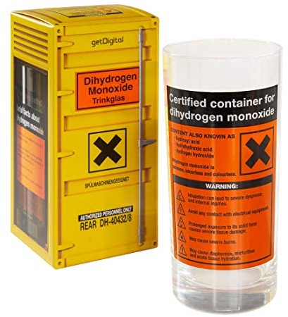 getDigital Dihydrogenmonoxid H2O Trinkglas - Chemie Geek Glas mit DHMO Wasser Warnlabel - 400 ml