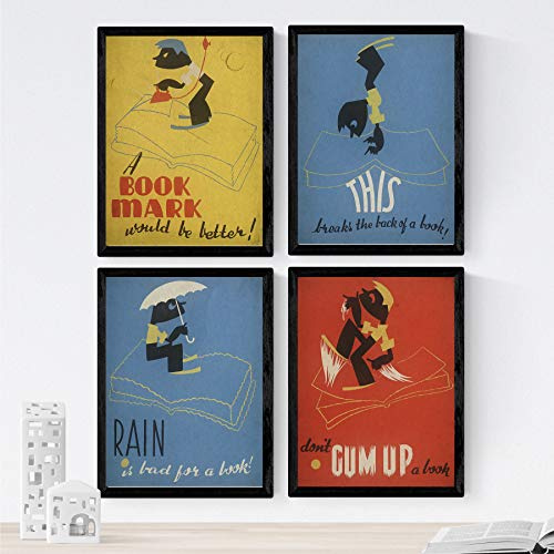 Nacnic Poster Jahrgang. Alte Plakate mit Anzeigen. Vier Vintage-Poster und Bücher Bibliothek. A3 Größe