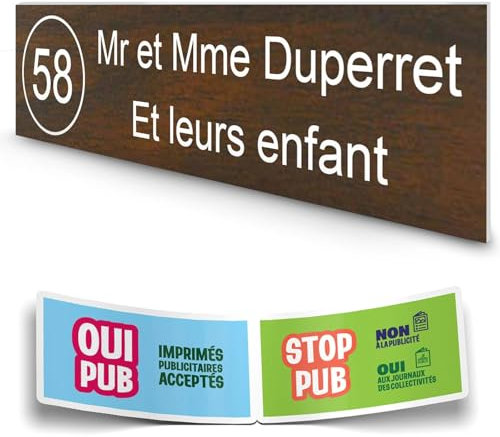 DECOHO - Plaque boite aux lettres personnalisée adhésive - plastique durable effet bois foncé lettres blanches - 100x25 mm + stickers STO - Marron
