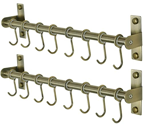 Dseap Pot Rack - Pots and Pans Hanging Rack Rail with 8 Hooks, Pot Hangers for Kitchen, Wall Mounted, Bronze, Pack of 2