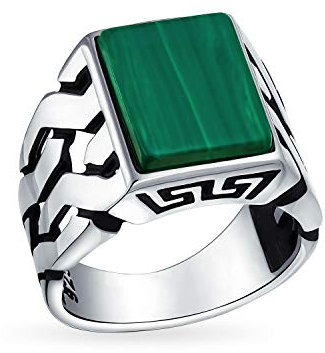 Edelsteine Cuban Curb Link Chain Band Erstellt Malachit Rechteck Siegelring Für Männer .925 Sterlingsilber Handmade In Turkey