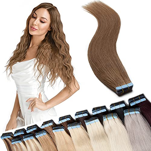 SEGO 40 Stück Tape in Extensions Echthaar Klebeband Haarverlängerung 100% Remy Human Haar Haarteil (+10 Tressen free tapes) 40 cm Hellbraun#6-2