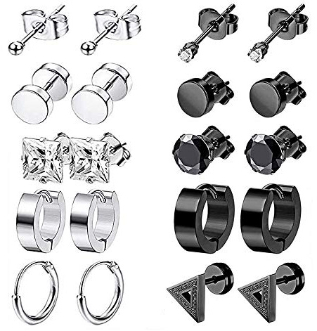 Bhina 10 Paires Boucle D’Oreille Homme Noir Diamant,Acier Inoxydable D’Oreilles Anneau,Noir Zircone Boucle D'Oreille,Femme Clou D’Oreille Noir,Pour Le Cartilage D'Oreille Ou D'Autres Parties