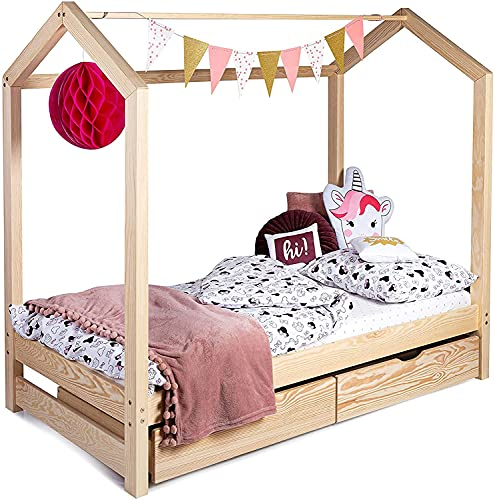 Sanmar Kinderbett Bett Hausbett 90x200 mit Lattenrost und Schubladen -Bettgestell aus Kiefer Holz für Haus Kinder - Jungen & Mädchen - Holzbett Baby Kinderzimmer Junge Deko