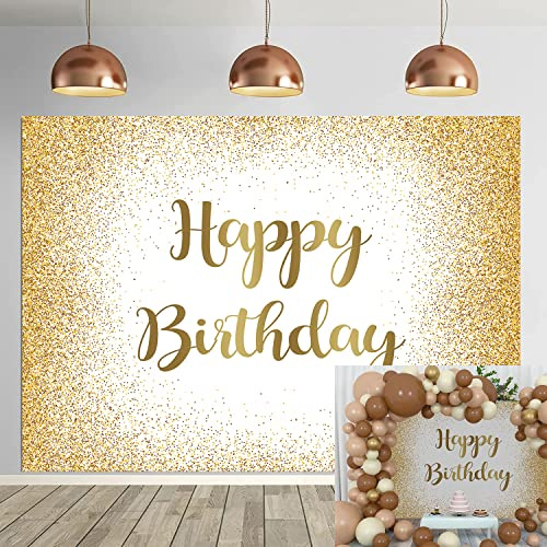 Gold Happy Birthday Backdrop Adults Women Men Birthday Photo Photography Backgroud Golden Spots Bokeh Sweet Party Decor Cake Table Banner Supplies (8X6FT)