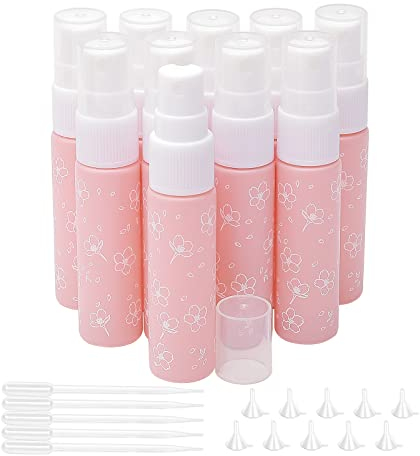 Pxyelec 10pcs Spray Bottle, 10ml Refillable Empty Pink Glass Mist Spray Bottles with 10pcs Funnels and 5pcs Droppers, Perfect for Dispense Light-proof Perfume Essential Oil Lotions Toners