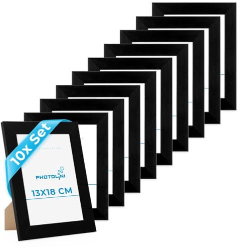 PHOTOLINI Bilderrahmen 13x18 Schwarz Holz MDF, 10er Set breite Bilderrahmen 18x13, Fotorahmen 13 x 18 cm mit Acrylglas, Picture Frame 18x13 zum Aufhängen & Aufstellen, Bilder Rahmen 13x18 für Fotos