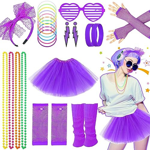 80s Fancy Dress for Women Girls, 1980s Party Purple Costume Accessories Set Tutu Skirt Leg Warmers Fishnet Gloves Glasses Earrings Bracelet Necklace Headband, Retro Outfit for 80s Party, Dress up Day