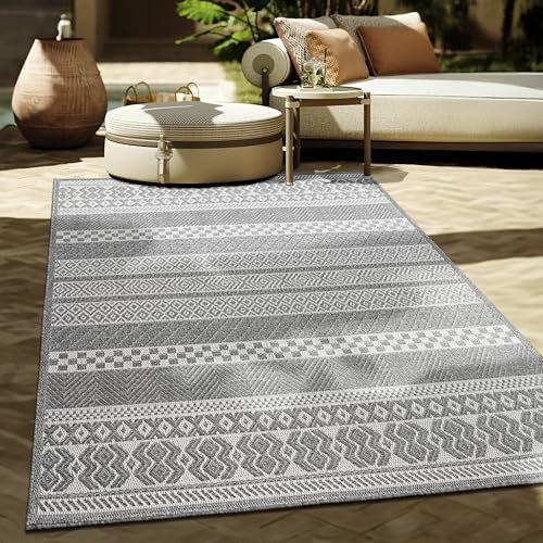 Paco Home Outdoor Teppich Flachgewebe Modern Boho-Style wetterfest & UV-beständig Ideal für Terrasse Balkon Wohnzimmer & Küche, Grösse:120x160 cm, Farbe:Grau 4