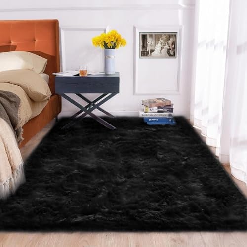 ORINOVA Fellteppich Schwarz 150x215 cm Kunstfell Teppich Flauschig Schlafzimmer Wohnzimmer Waschbar Weich Kuschelteppich