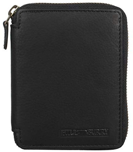 Hill Burry Geldbörse Portemonnaie echt naturgegerbt Leder | Unisex | Reißverschluss | praktisches Kleingeldfach | Brieftasche | Geldbeutel | RFID Schutz | Wallet Black